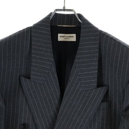 Saint Laurent Paris Striped Pattern Double Breasted Wool Tailored Jacket Gray — view 3