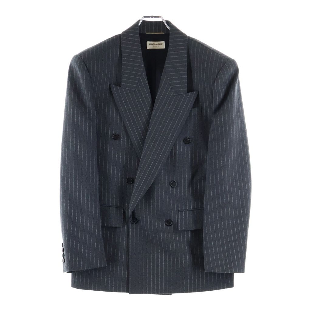 Saint Laurent Paris Striped Pattern Double Breasted Wool Tailored Jacket Gray