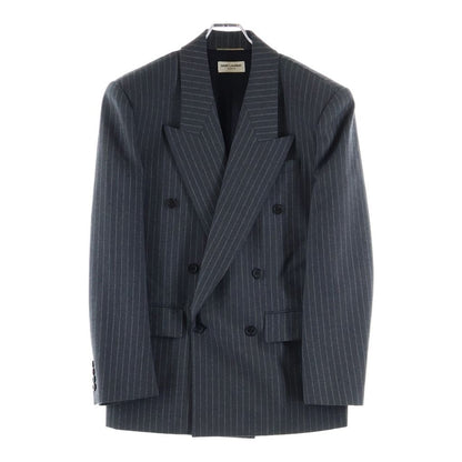 Saint Laurent Paris Striped Pattern Double Breasted Wool Tailored Jacket Gray