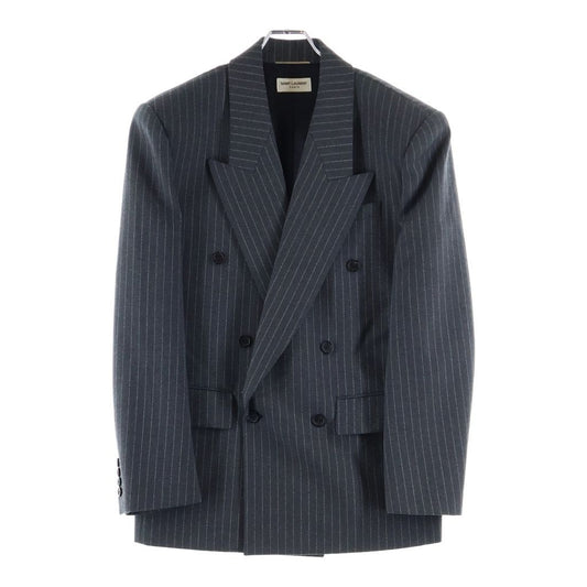 Saint Laurent Paris Striped Pattern Double Breasted Wool Tailored Jacket Gray