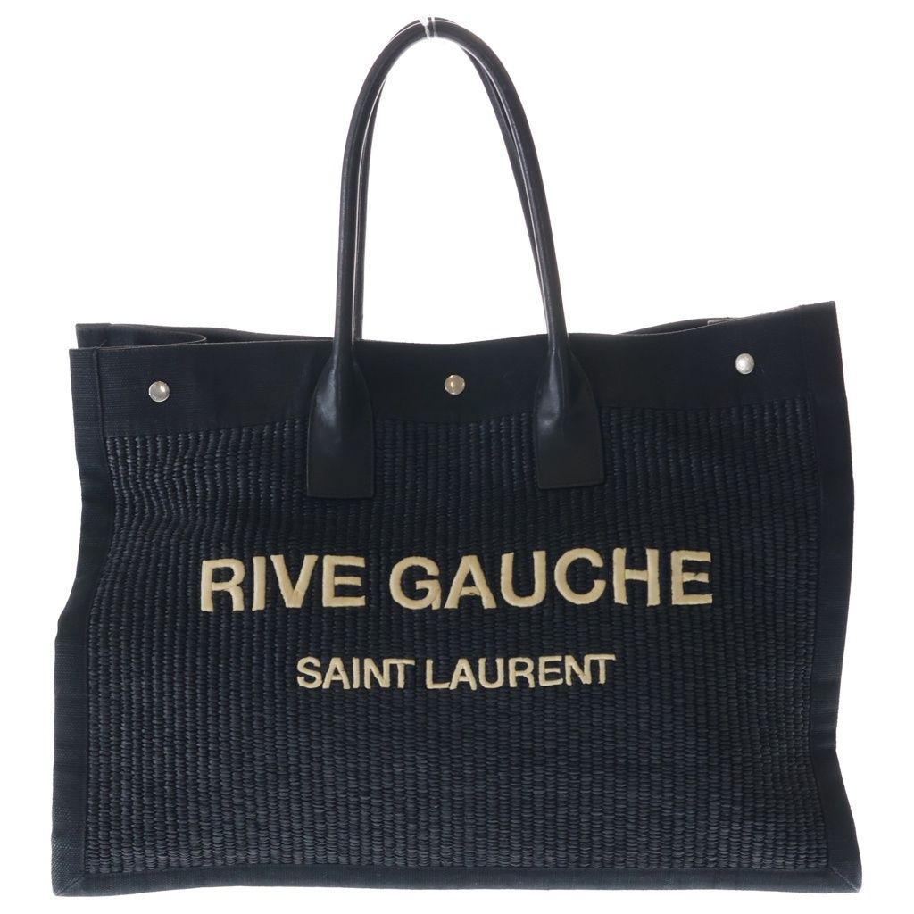 Saint Laurent Paris Raffia Maxi Rive Gauche Shopper Tote Canvas Black