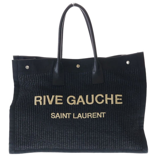 Saint Laurent Paris Raffia Maxi Rive Gauche Shopper Tote Canvas Black