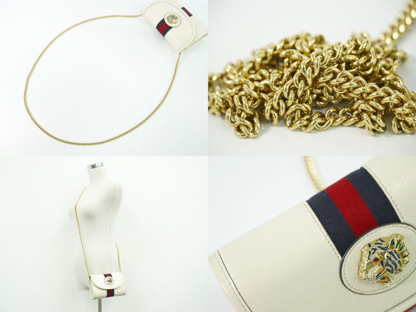 Gucci Rajah Tiger Head Sherry Line Chain Shoulder Bag Pochette Leather White — view 6