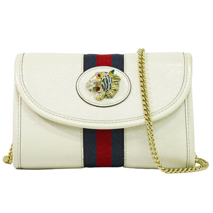 Gucci Rajah Tiger Head Sherry Line Chain Shoulder Bag Pochette Leather White