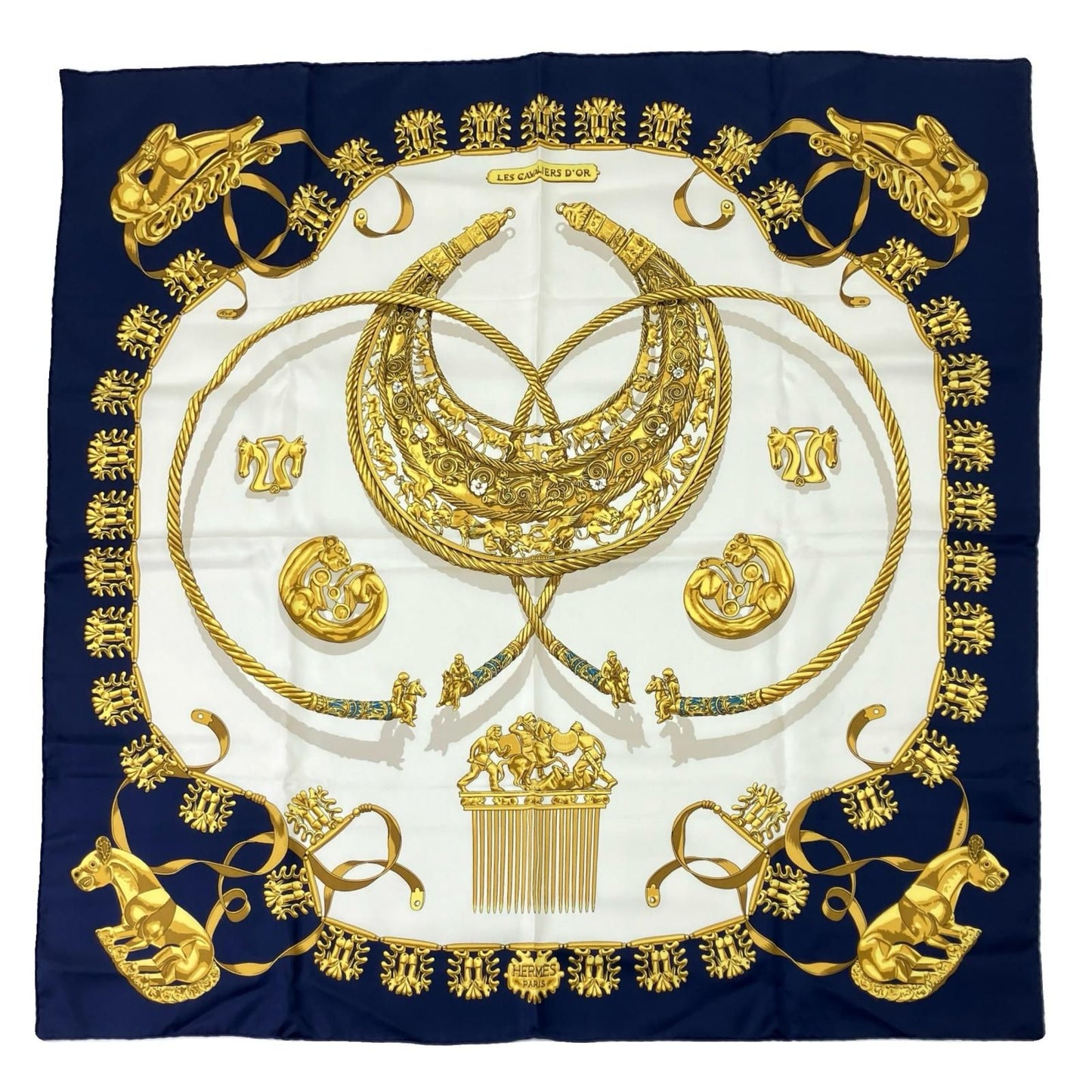Hermes Carre 90 Yellow Golden Knight Navy White Scarf