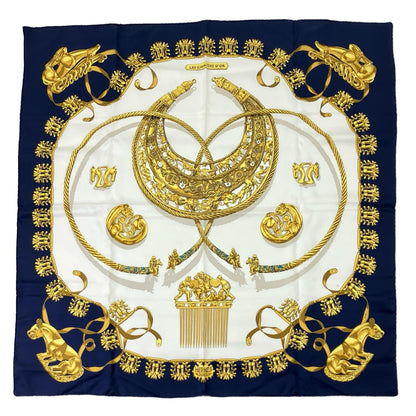 Hermes Carre 90 Yellow Golden Knight Navy White Scarf