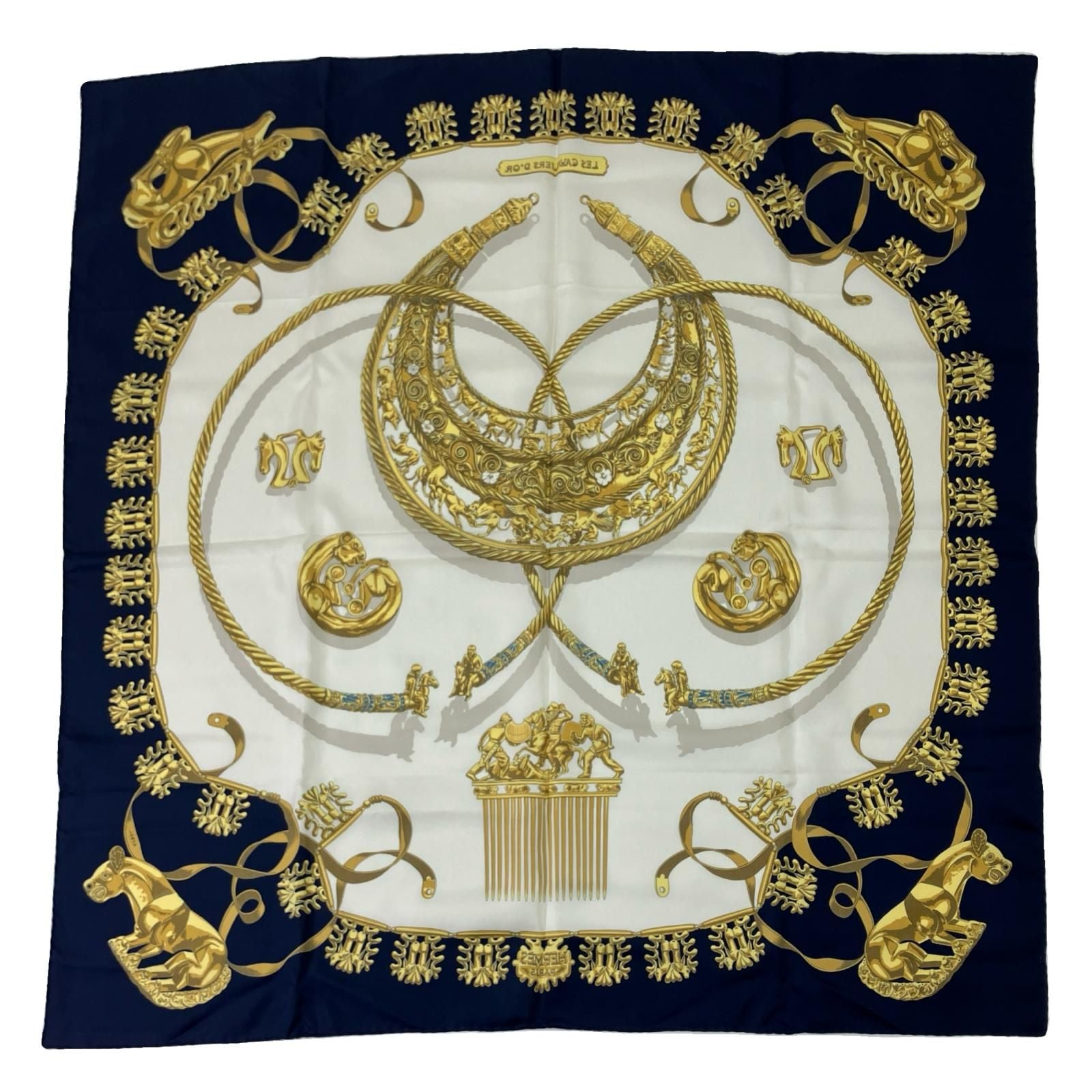 Hermes Carre 90 Yellow Golden Knight Navy White Scarf — view 2