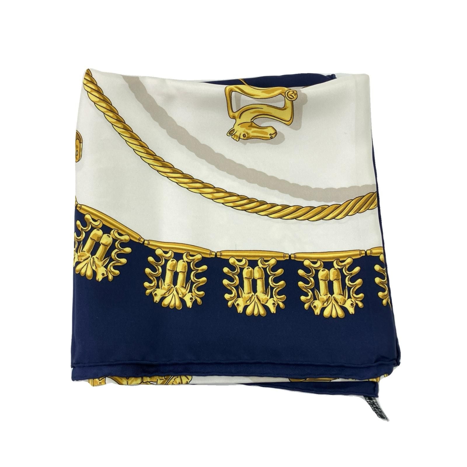 Hermes Carre 90 Yellow Golden Knight Navy White Scarf — view 5