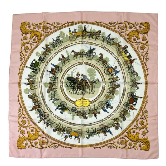 Hermes Scarf Carre 90 Walk to Long Chien Pink White
