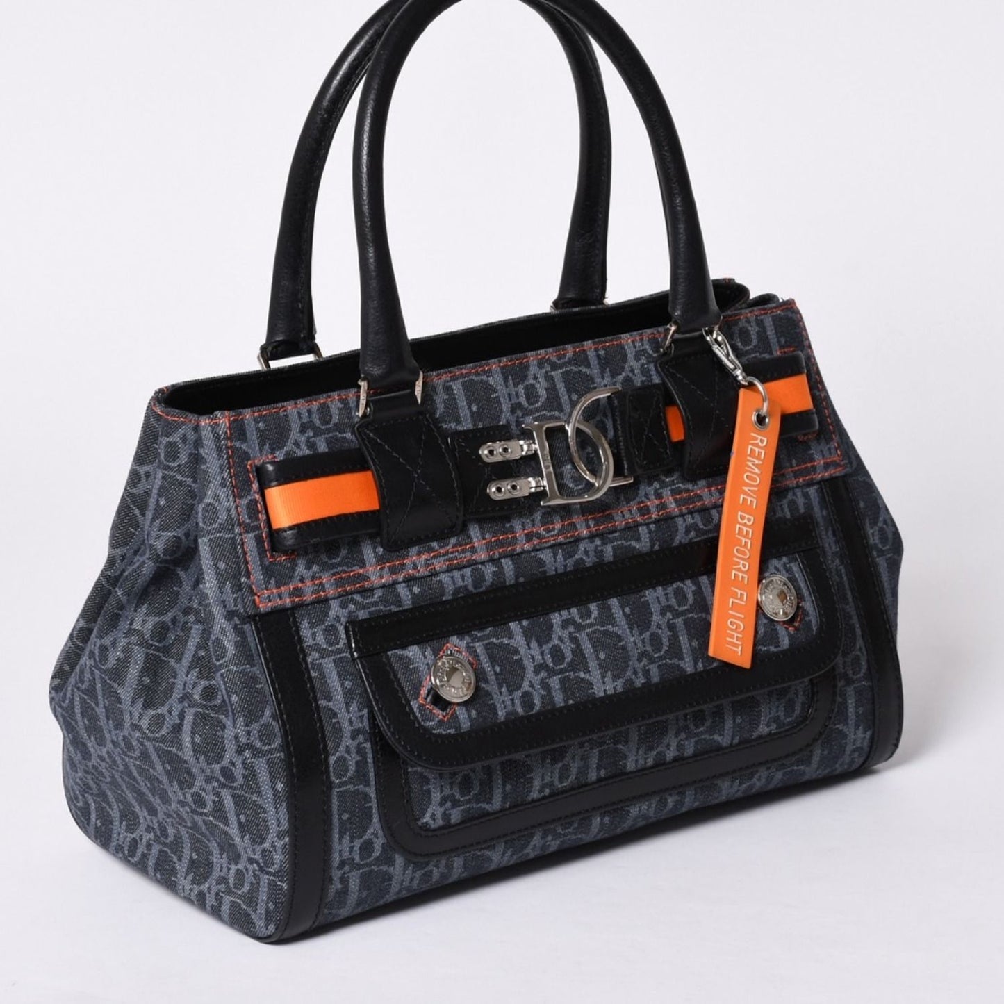 Dior Flight Line Trotter Handbag Galliano Era Denim Leather Navy Black Silver — view 3