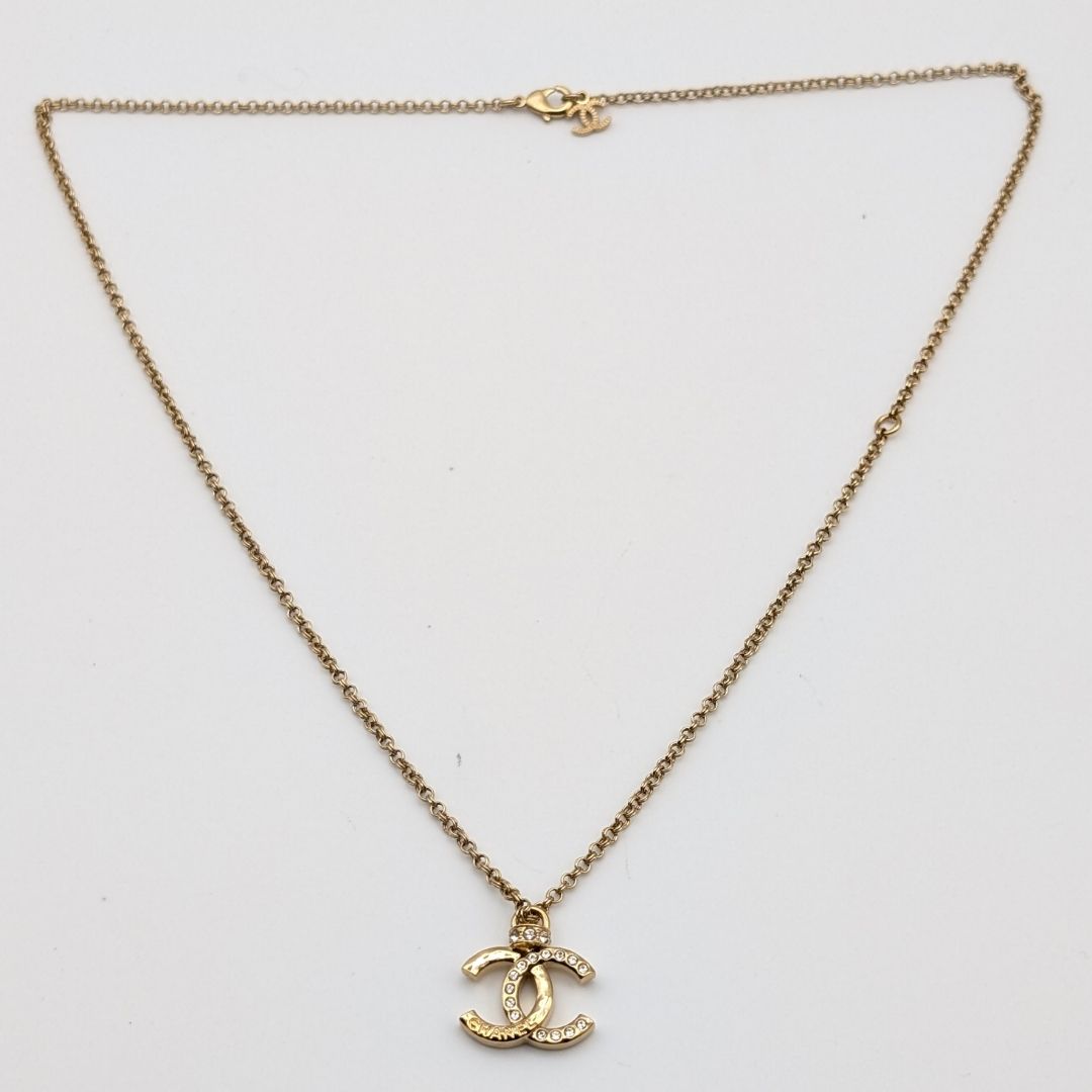 Chanel CC Logo Line Stone Gold Necklace — view 6