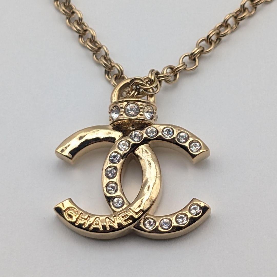 Chanel CC Logo Line Stone Gold Necklace