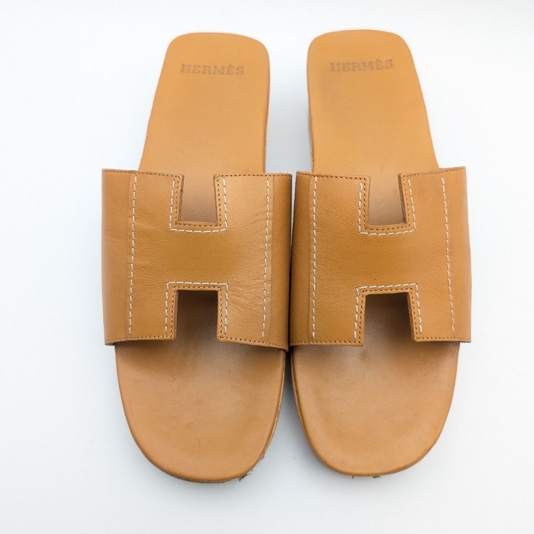 Hermes Oran Wood Sole Sandals Orange Logo — view 5