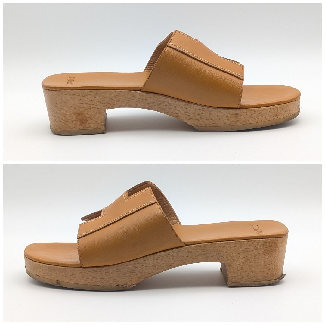 Hermes Oran Wood Sole Sandals Orange Logo — view 2