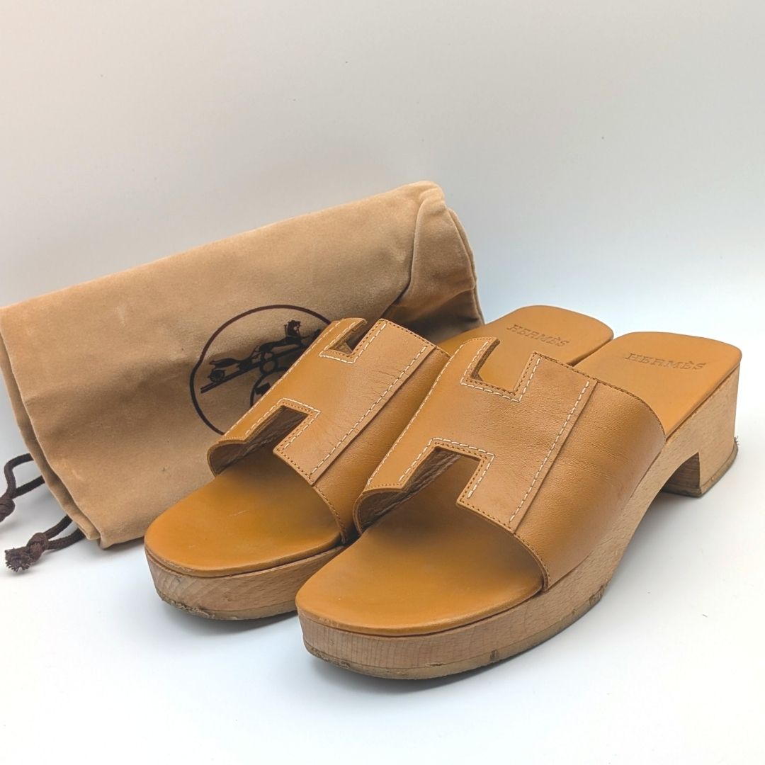 Hermes Oran Wood Sole Sandals Orange Logo