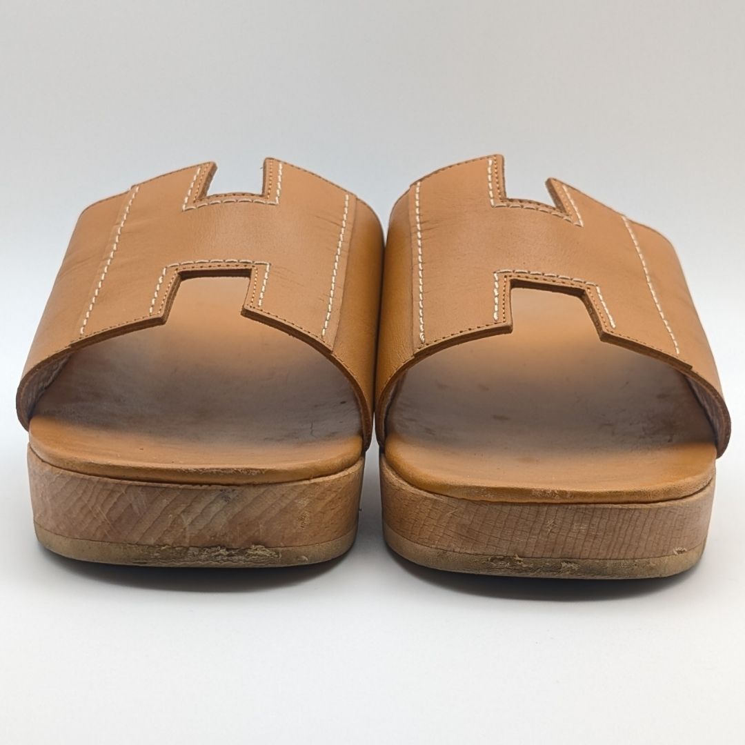 Hermes Oran Wood Sole Sandals Orange Logo — view 3
