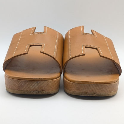 Hermes Oran Wood Sole Sandals Orange Logo — view 3