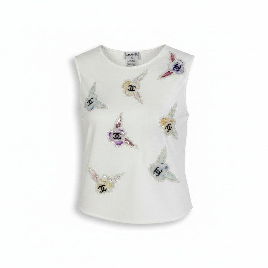 Chanel Ce7 CC Logo Tank Top 38 White Cotton