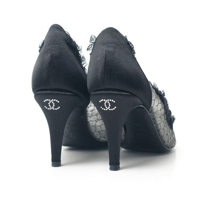 Chanel Pumps C Shoes CC Logo Quilted Frill Lace Black 36.5 — view 3