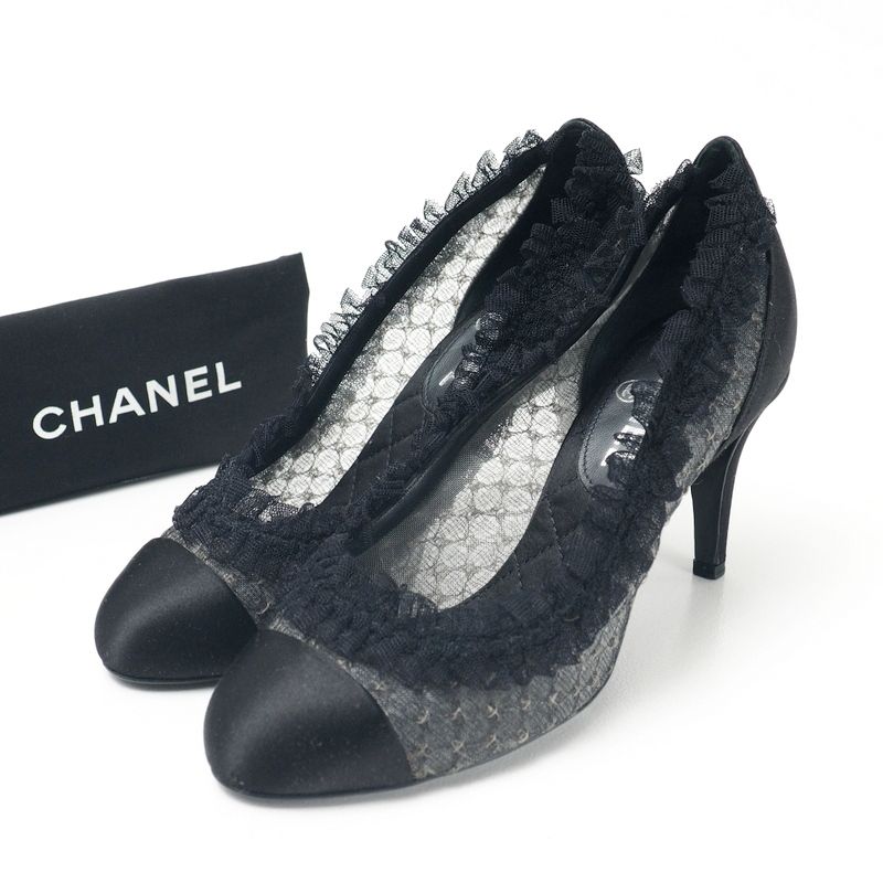 Chanel Pumps C Shoes CC Logo Quilted Frill Lace Black 36.5