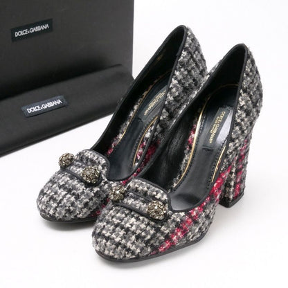 Dolce & Gabbana Pumps Shoes Chunky Heel Tweed Bijoux Decoration Gray 35.5