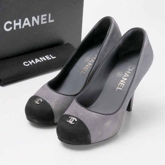 Chanel Pumps C CC Logo Shoes Escarpins Suede Leather Gray Black 35.5