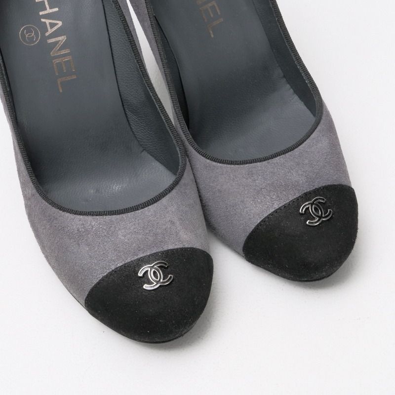 Chanel Pumps C CC Logo Shoes Escarpins Suede Leather Gray Black 35.5 — view 4