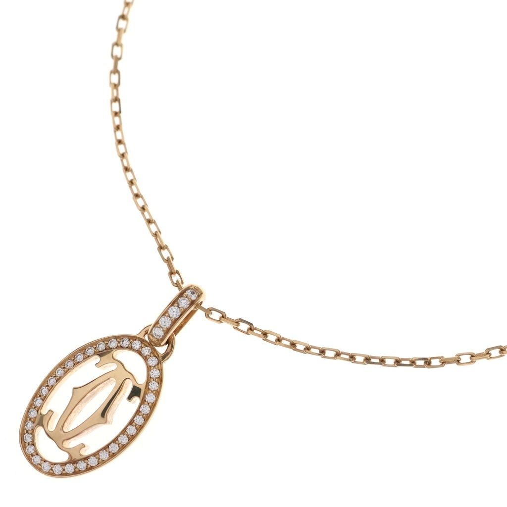 Cartier Logo Double C Necklace Diamond Pendant Chain Pink Gold PG