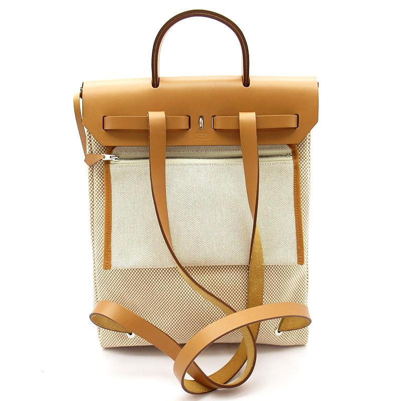 Hermes Herbag Zip a Dos Toile GM Calf Backpack Natural — view 3