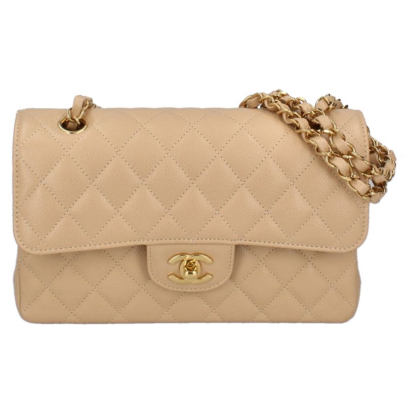 Chanel Quilted 23 Double Flap Caviar Leather Shoulder Bag Beige
