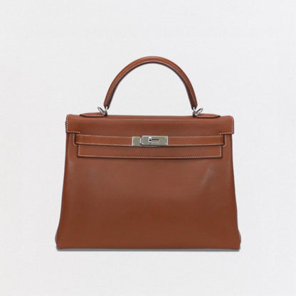 Hermes Kelly 32 Tote Shoulder Bag Barenia Fauve Brown Silver V-shaped Retourne