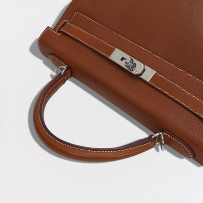 Hermes Kelly 32 Tote Shoulder Bag Barenia Fauve Brown Silver V-shaped Retourne — view 4