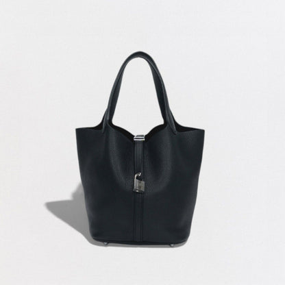 Hermes Picotin Lock MM 22 Tote Taurillon Clemence Noir Black Silver Handbag