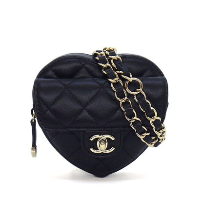 Chanel Shoulder Bag Quilted Heart Chain Onwards Black Bordeaux Lambskin