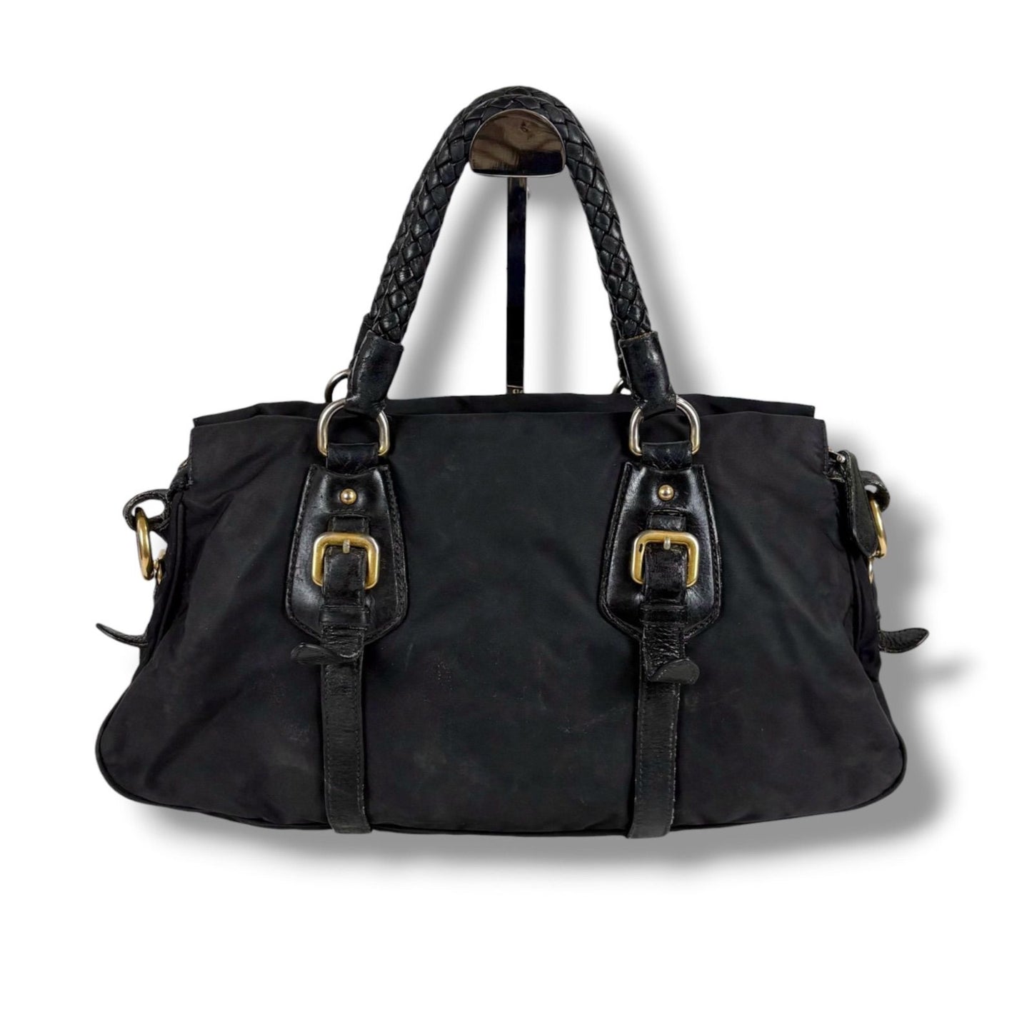 Prada 2-Way Triangle Logo Shoulder Bag Cross Tessuto Nylon Leather Black Nero — view 3
