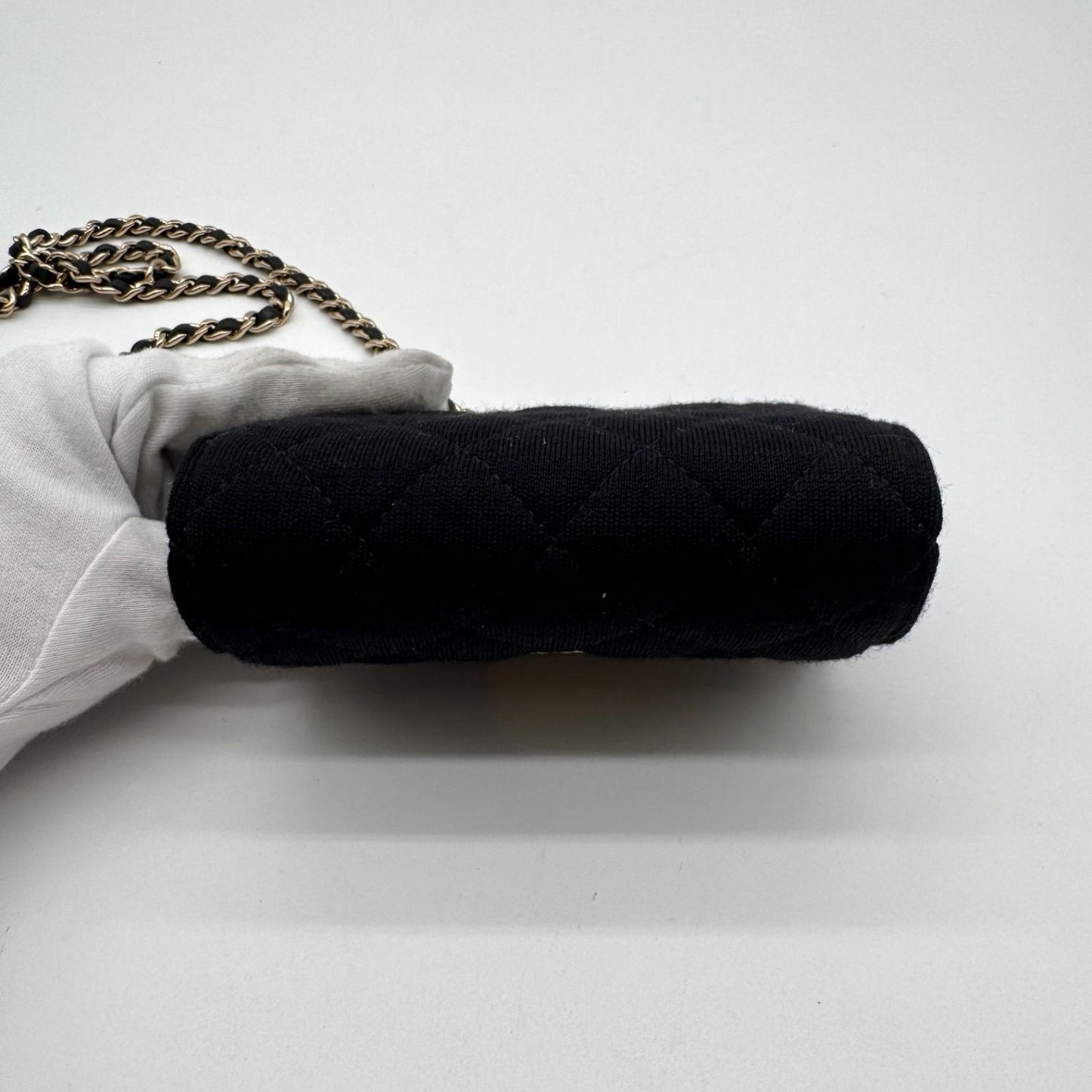 Chanel Shoulder Bag Mini Quilted Cotton Black Gold CC Logo Chain — view 5