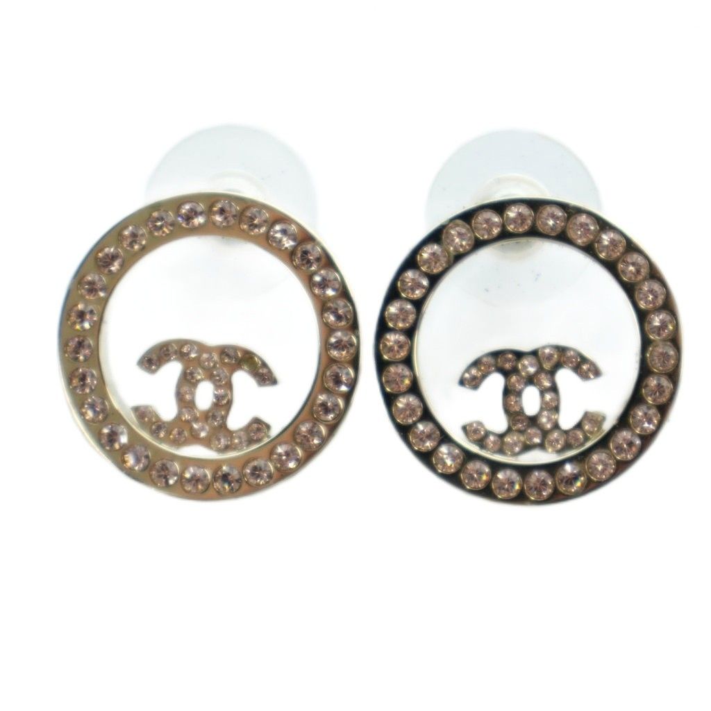 Chanel Circle CC Logo Earrings Line Stone Gold