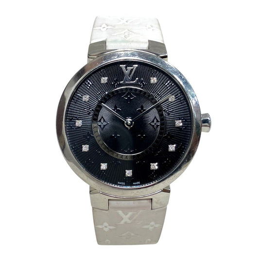 Louis Vuitton Tambour Slim Watch SS Rubber Quartz Black Dial