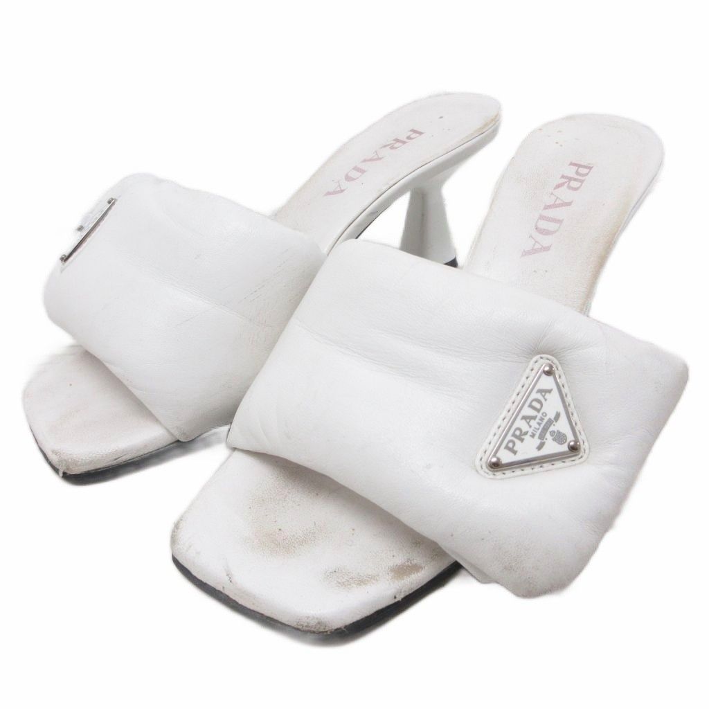 Prada Soft Patted Logo Sandals Mules Heels Triangle Leather 37 White