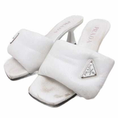 Prada Soft Patted Logo Sandals Mules Heels Triangle Leather 37 White