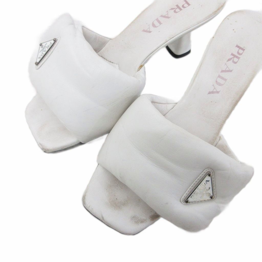 Prada Soft Patted Logo Sandals Mules Heels Triangle Leather 37 White — view 5
