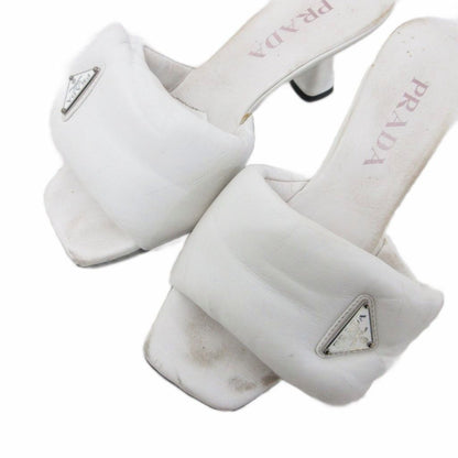 Prada Soft Patted Logo Sandals Mules Heels Triangle Leather 37 White — view 5