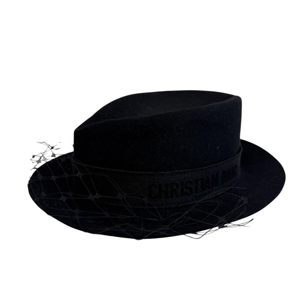 Dior Logo Leather Hat with Tulle Black