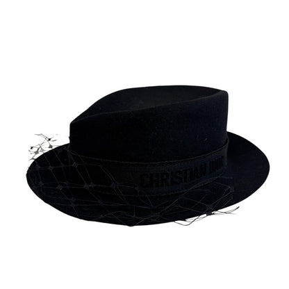 Dior Logo Leather Hat with Tulle Black