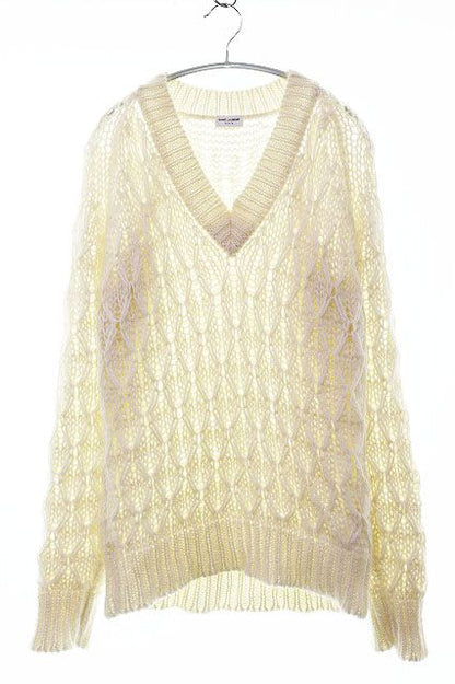 Saint Laurent Paris Mohair Alpaca Neck Knit Sweater White XS