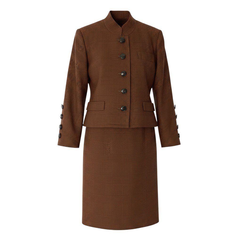 Saint Laurent Yves Set Skirt Suit Plaid Stand Collar Jacket Knee Length S Brown