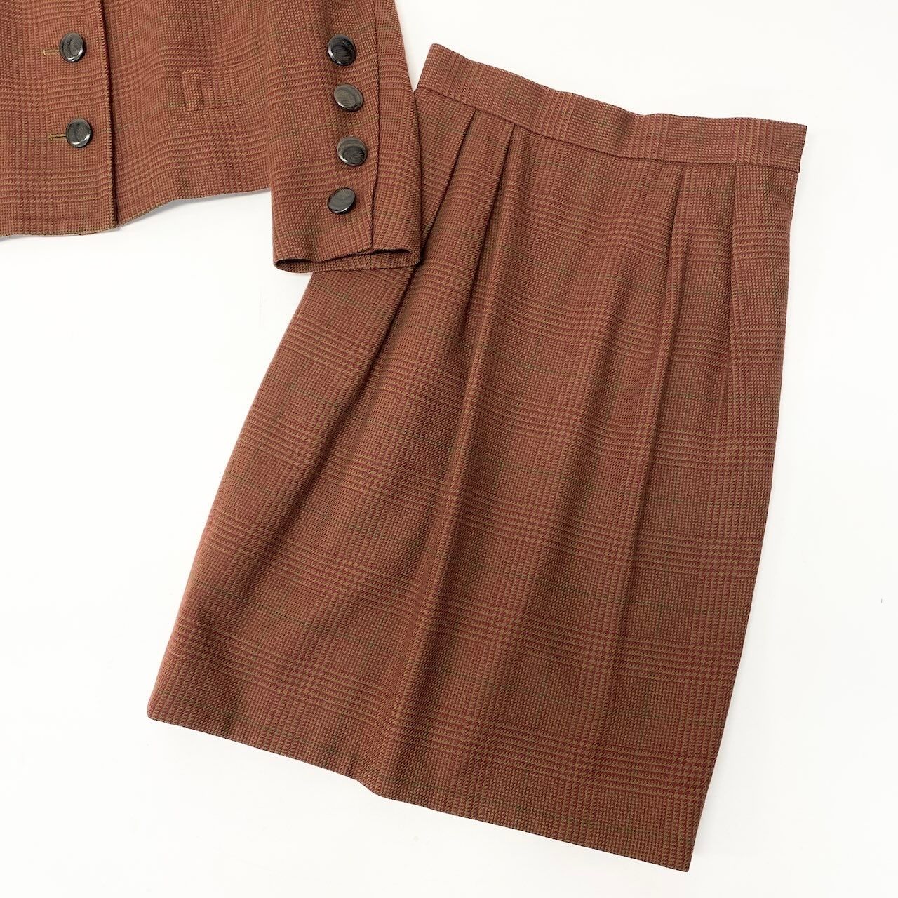 Saint Laurent Yves Set Skirt Suit Plaid Stand Collar Jacket Knee Length S Brown — view 4