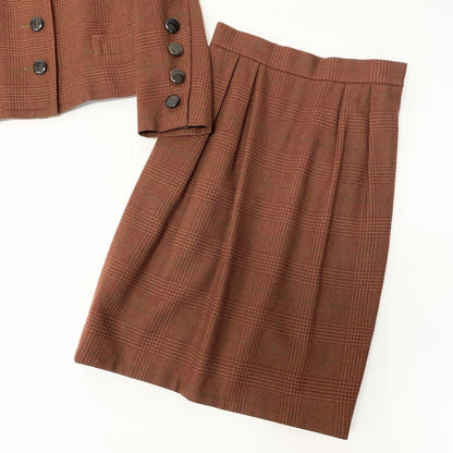 Saint Laurent Yves Set Skirt Suit Plaid Stand Collar Jacket Knee Length S Brown — view 4
