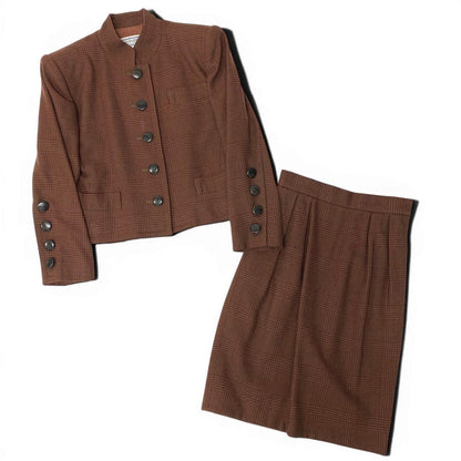 Saint Laurent Yves Set Skirt Suit Plaid Stand Collar Jacket Knee Length S Brown — view 2