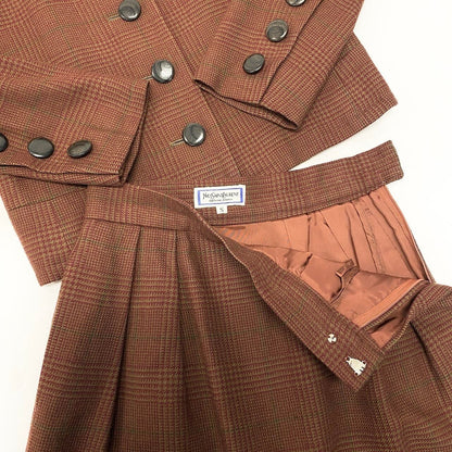 Saint Laurent Yves Set Skirt Suit Plaid Stand Collar Jacket Knee Length S Brown — view 6